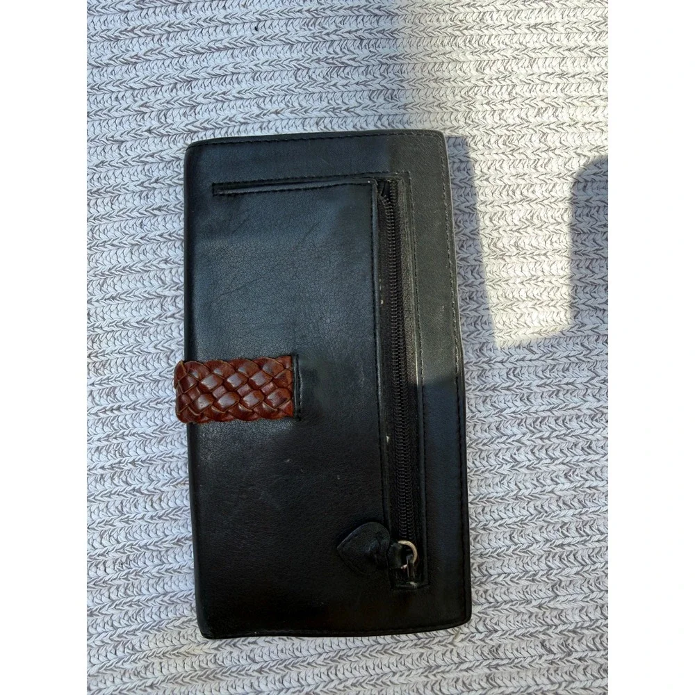 Vintage Brighton Wallet Womens Black Brown Leather Heart Buckle Slim Bifold
